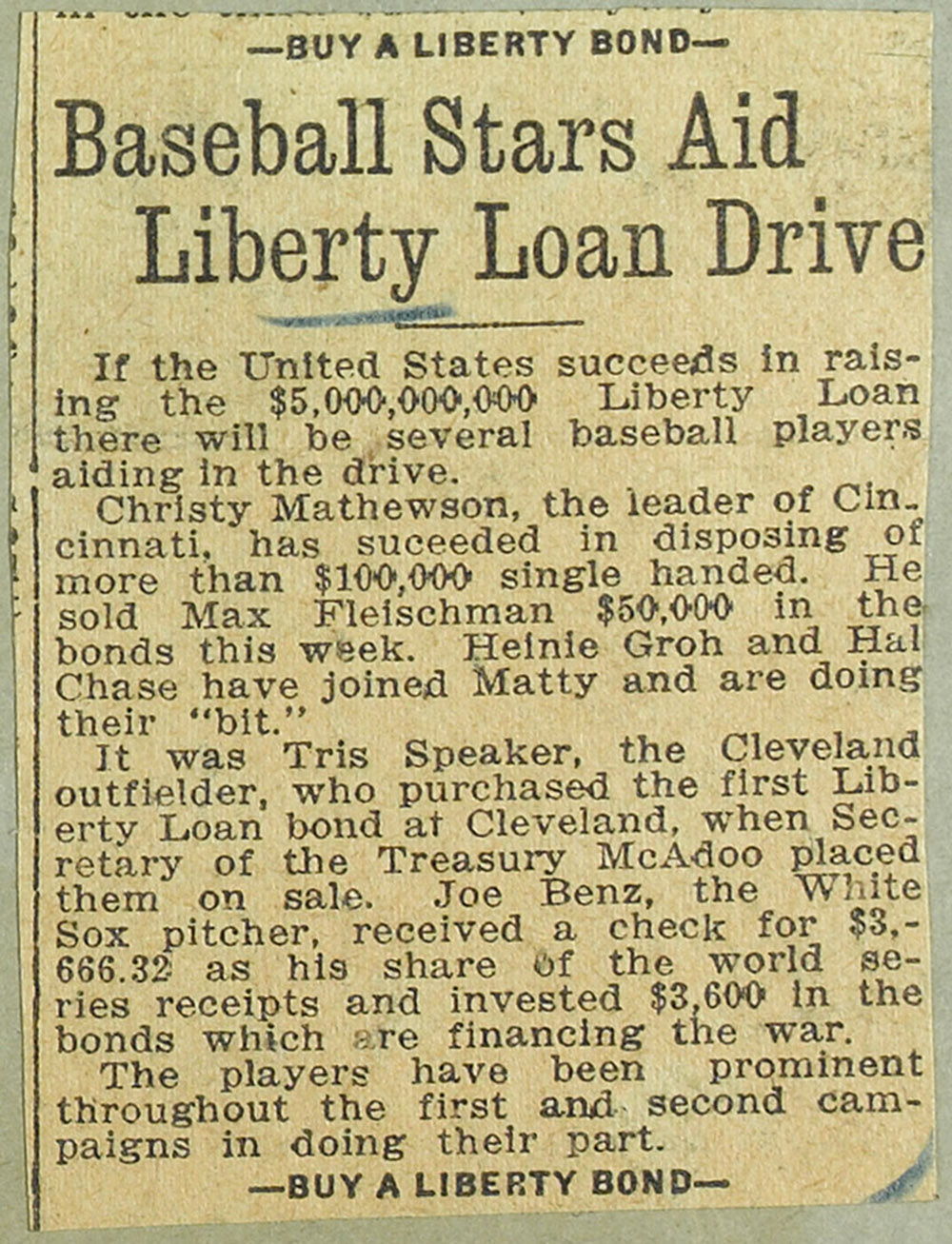 Baseball Players Aid WWI Liberty Loan Drive