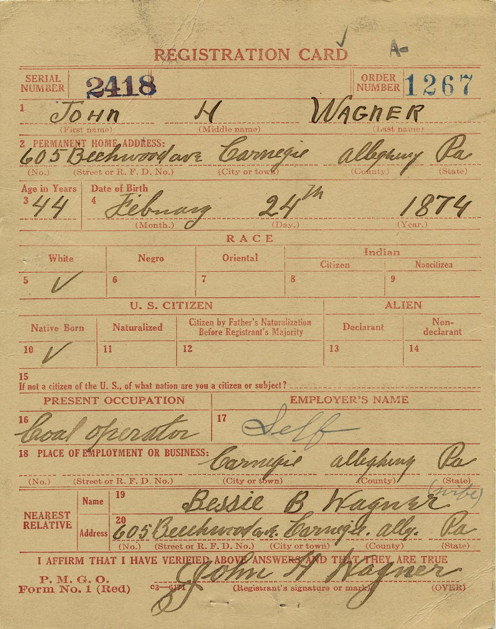 World War I Card for Honus Wagner