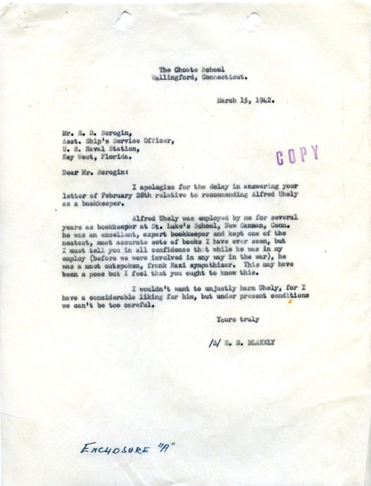 Letter of Recommendation Noting Nazi Sympathies