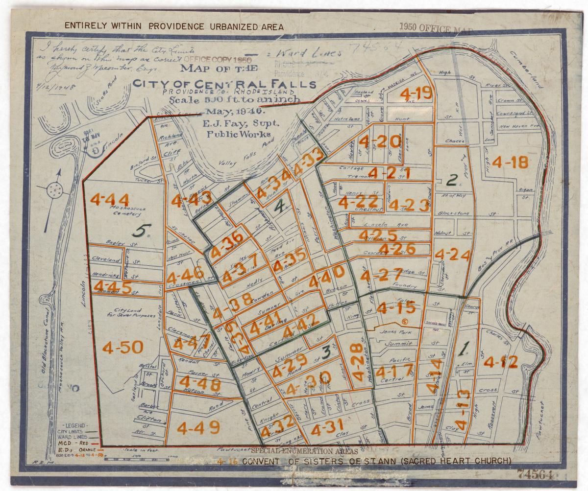 1950 Census Enumeration District Map for Central Falls, Rhode Island  RG 29, Census Enumeration District and Related Maps (NAID 176246298)
