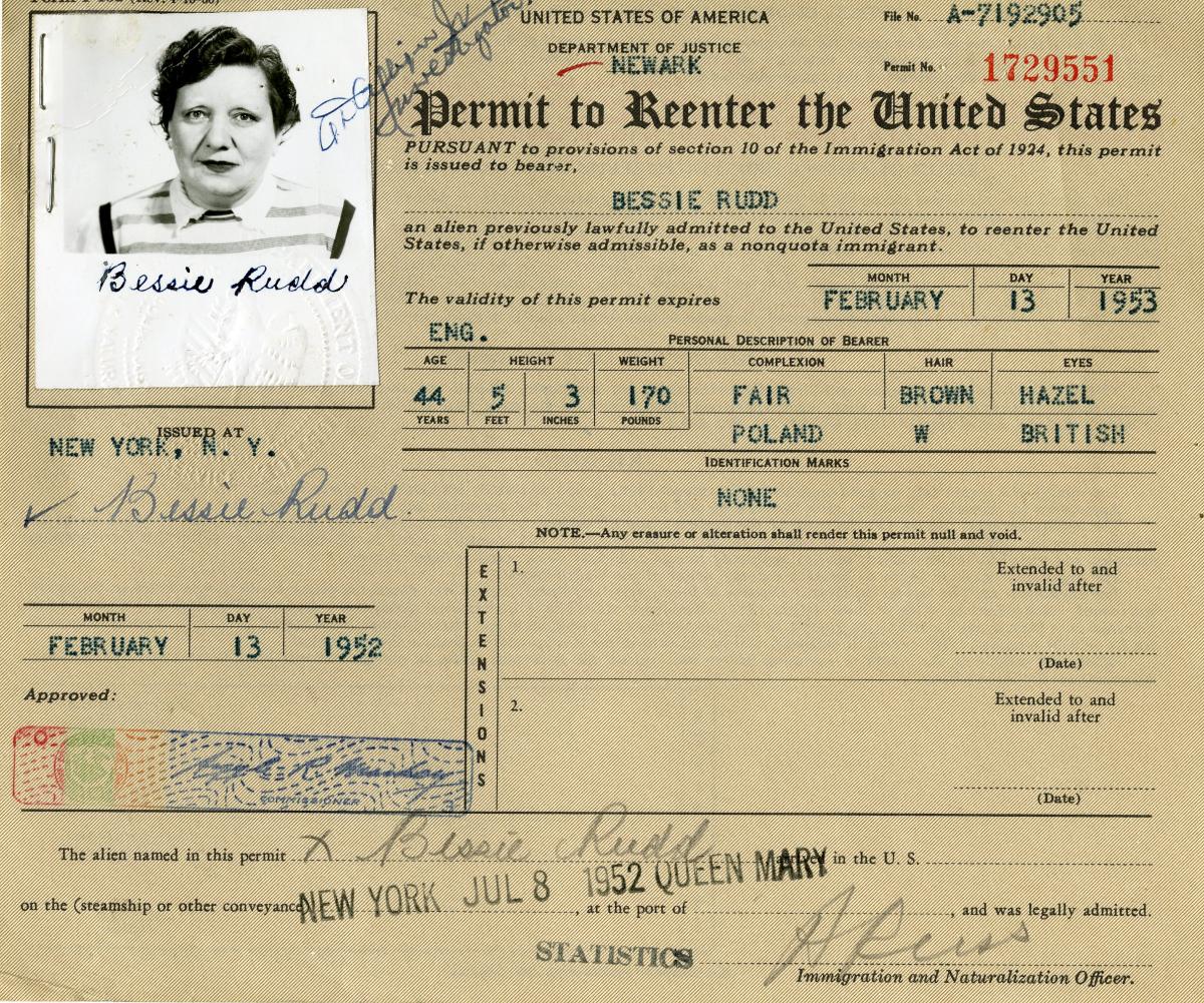 Permit to Reenter the United States for Bessie Rudd
