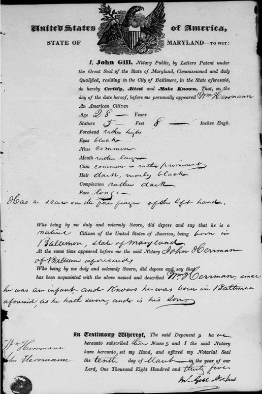 Passport application of William Herrmann, March 10, 1835