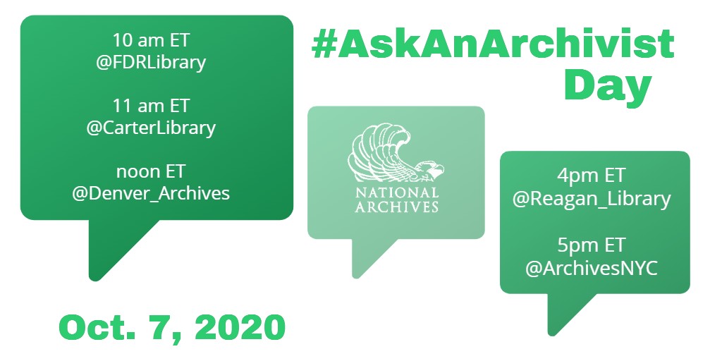 Three square, green speech bubbles with white text listing the #AskAnArchivist Day 2020 Twitter event schedule. The schedule is listed in the body of the page.
