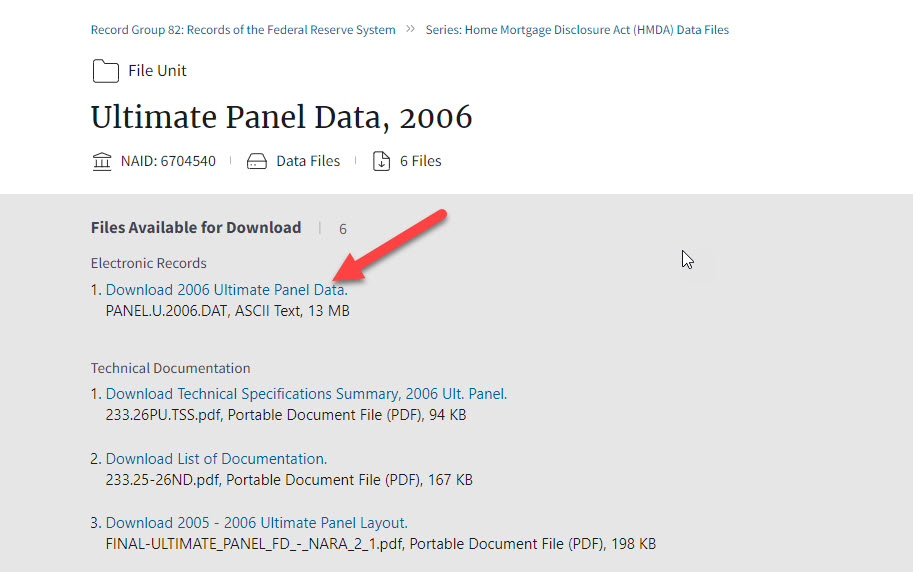 Screenshot of download data file link