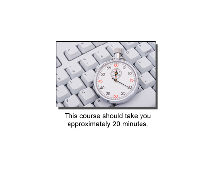 Image of a stopwatch showing 20 minutes with text below it that reads: 'This course should take you approximately 20 minutes.'