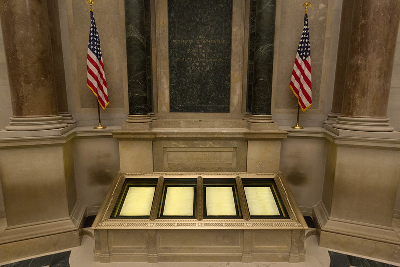 The Constitution displayed in its case at the National Archives