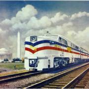 Postcard of the Freedom Train with the Washington Monument and Jefferson Memorial in the background.