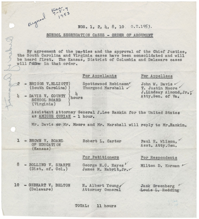Order Of Argument In The Case Brown V Board Of Education National Archives