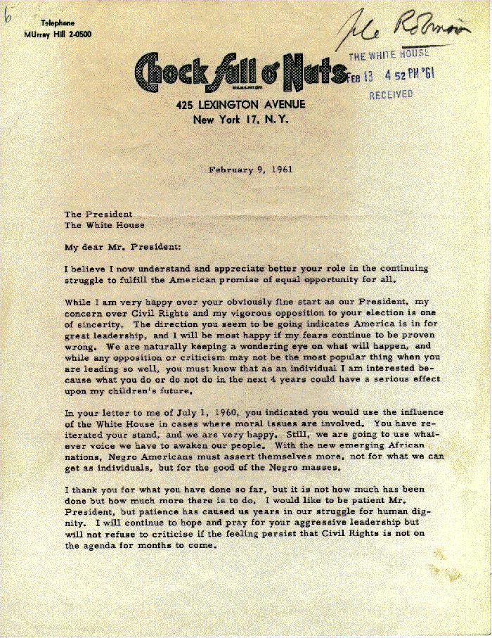 Letter from Jackie Robinson to President J.F.K. (February 9, 1961) - History By Mail