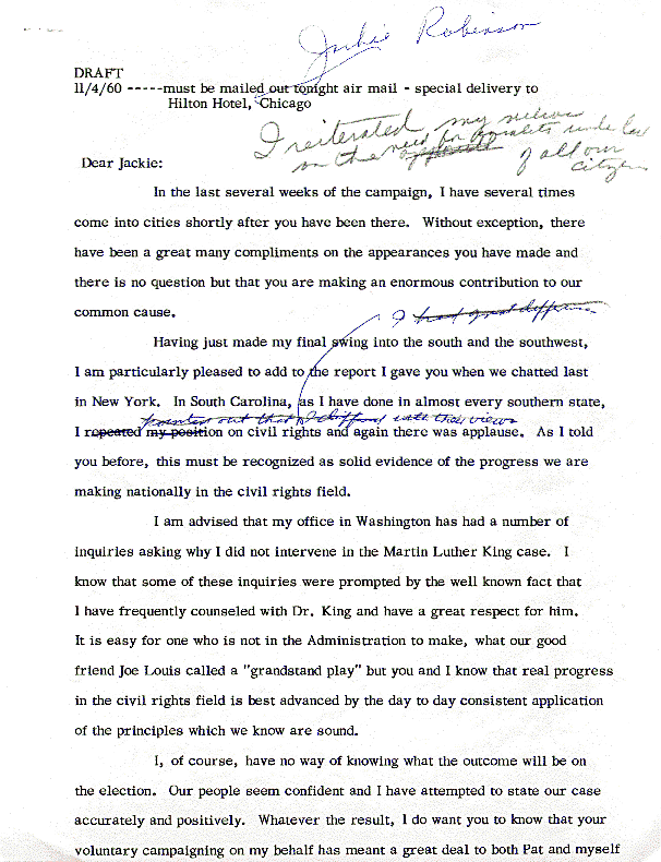 Draft Letter from Vice President Richard Nixon to Jackie Robinson (November 4, 1960) - History By Mail