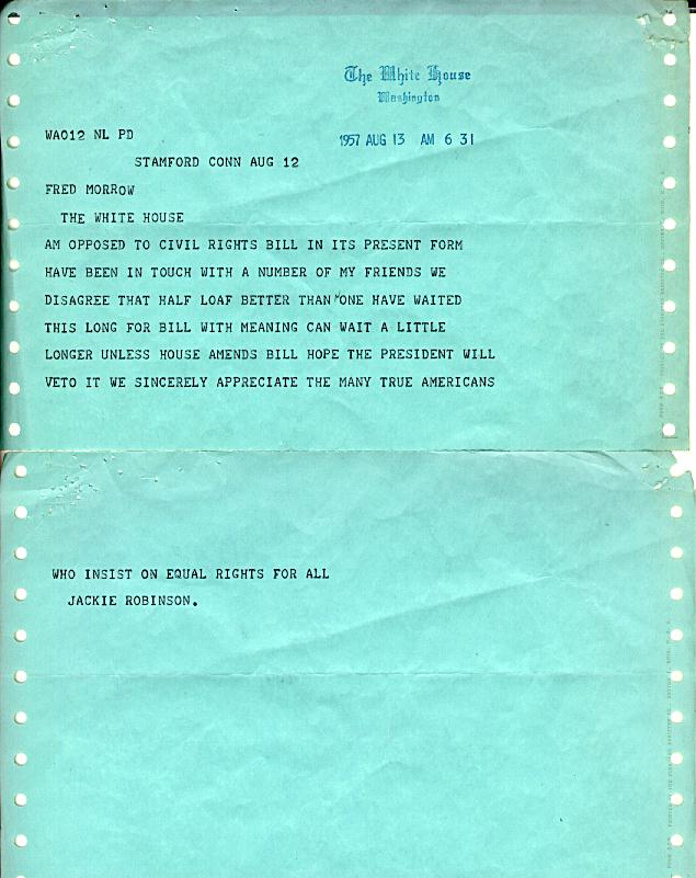 Telegram from Jackie Robinson to E. Frederick Morrow - History By Mail