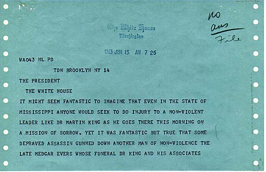 Telegram from Jackie Robinson to President J.F.K. (June 15, 1963) page 1 - History By Mail