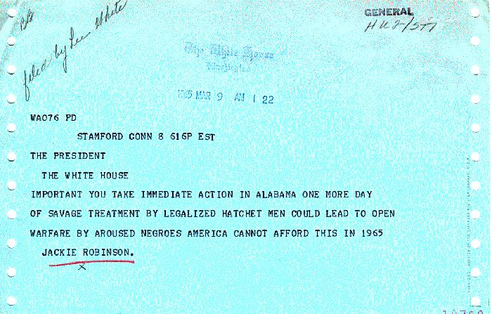 Telegram from Jackie Robinson to President L.B.J.  March 9, 1965 - History By Mail