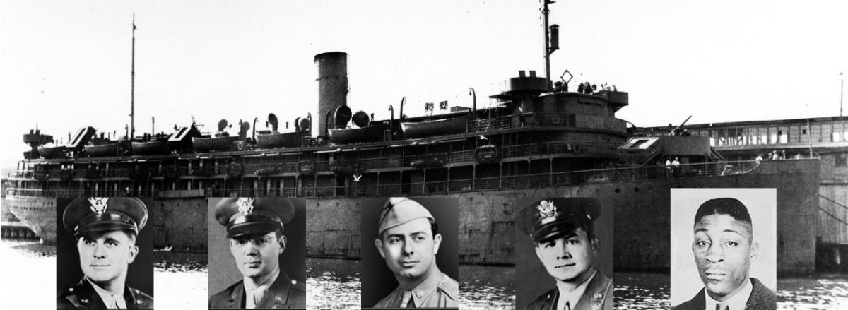 USAT Dorchester with photos of five men who saved crew members