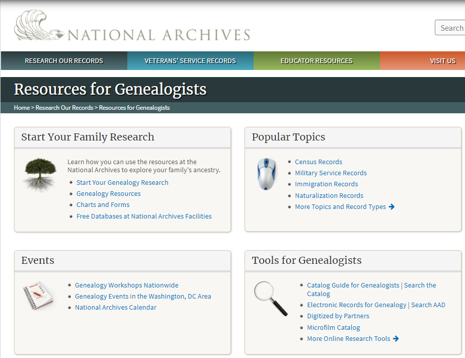 Archives.gov Genealogy Portal page