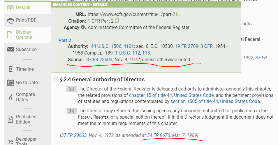 source note for 1 CFR part 2 in the "Details" call-out on eCFR and source note for 1 CFR 2.4 at the end of that section