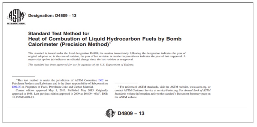 Document header and footer of title page of ASTM D4809-13, including title and footnote 1