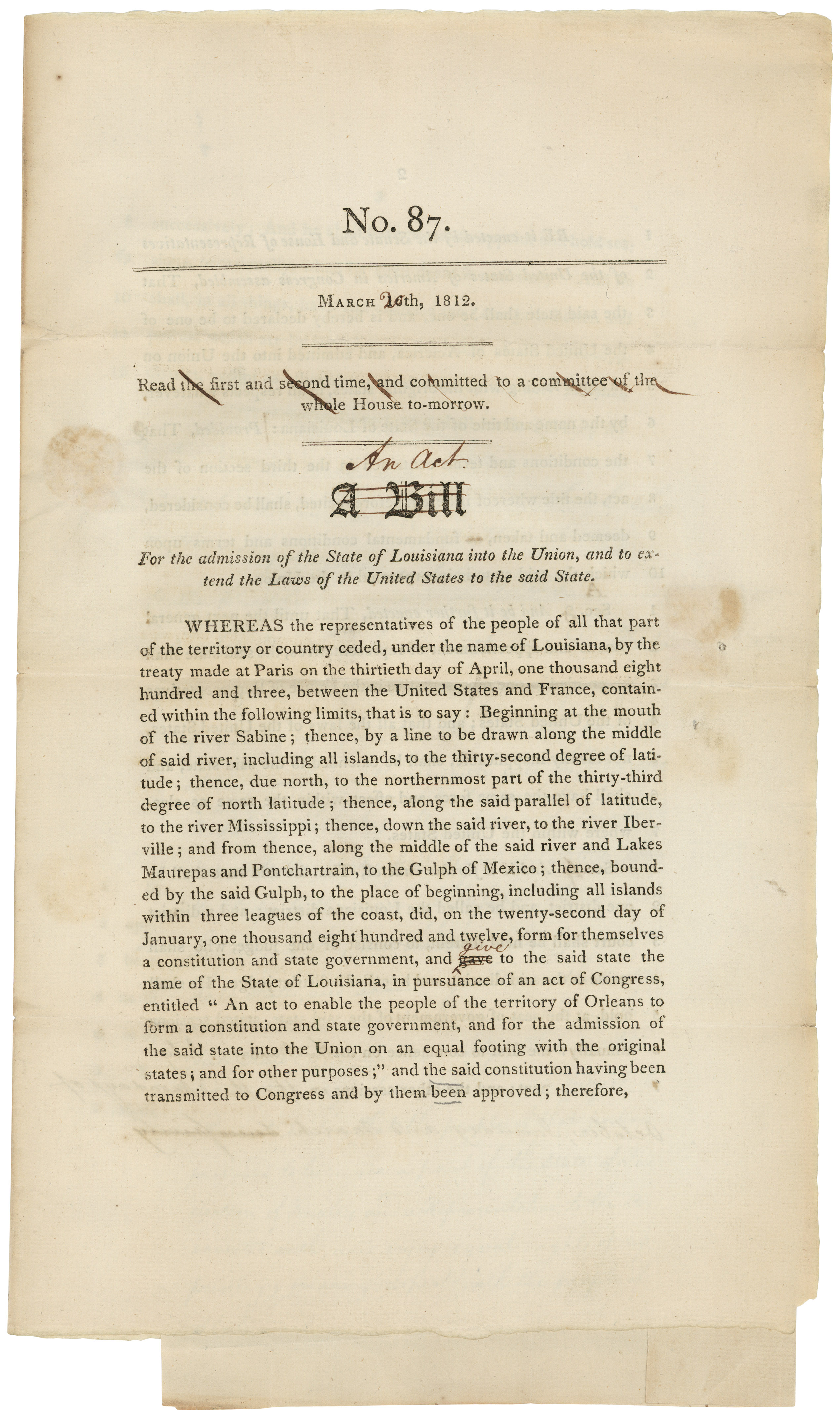 H.R. 88, An act for the admission of the State of Louisiana into the Union, March 20, 1812 ...