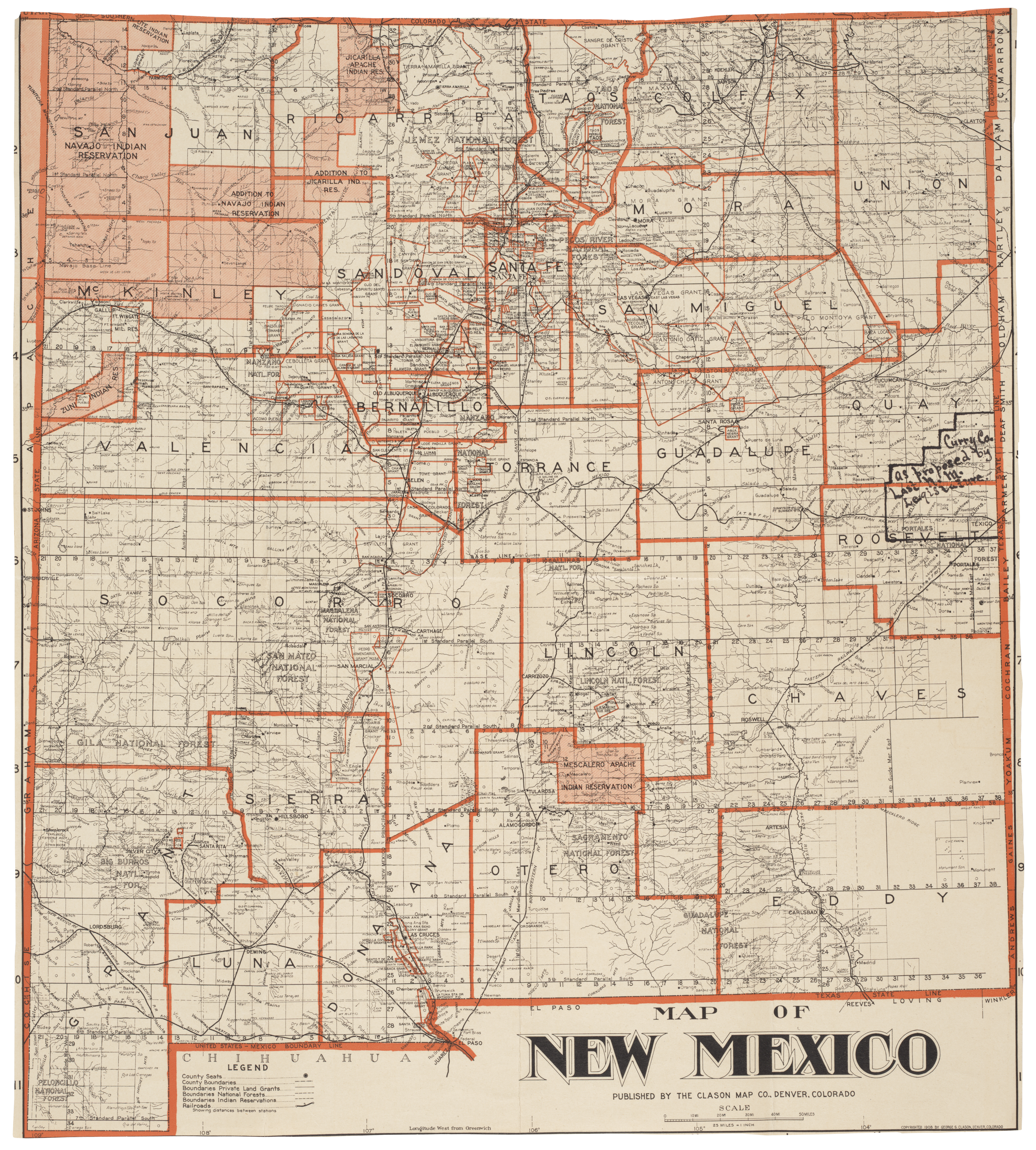 Map Of New Mexico Showing County Seats And Boundaries 1908