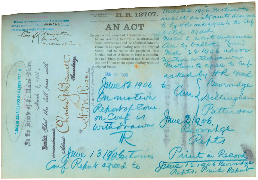 Engrossed HR12707 enabling the people of Indian and Oklahoma territories to form a state constitution and government–July 16, 1906 – Source: NARA’s Center for Legislative Archives
