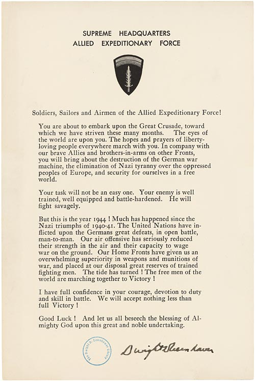 D-day statement to soldiers, sailors, and airmen of the Allied Expeditionary Force by General Dwight D. Eisenhower