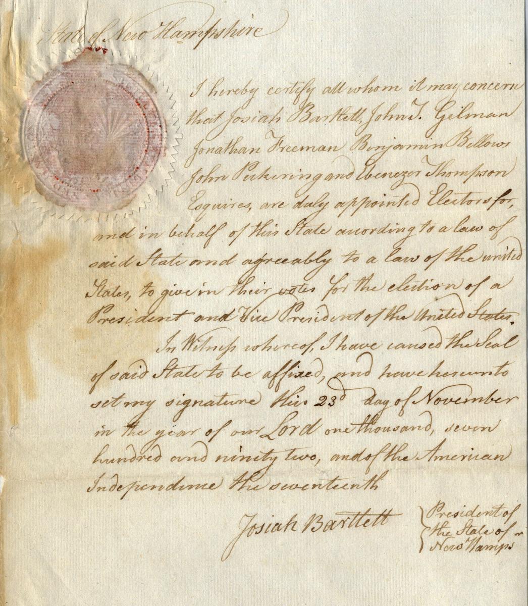 1792 New Hampshire electors certificate of ascertainment