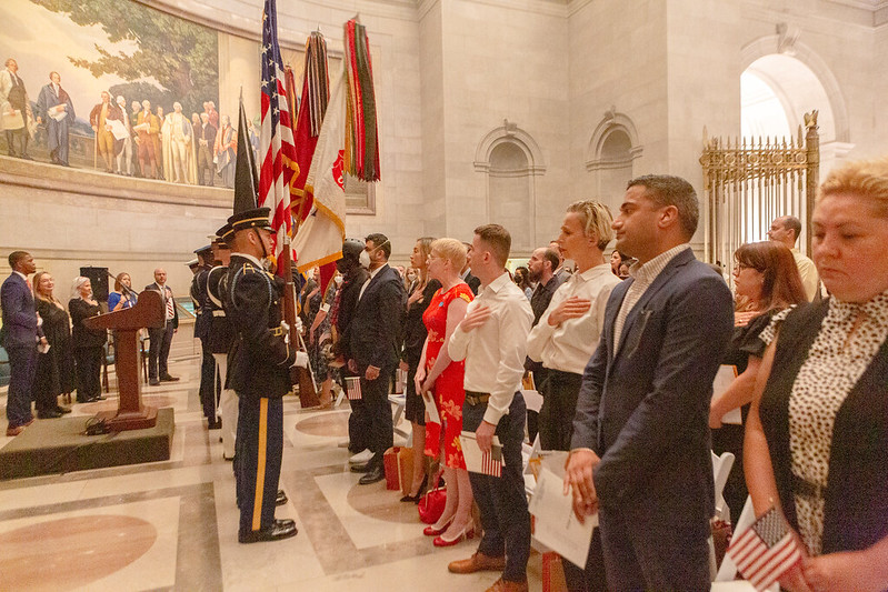 The Joint Service Color Guard opened the first naturalization ceremony at the National Archives and Records Administration (NARA) since the onset of the COVID-19 pandemic. Washington, DC, September 14, 2022. NARA photo by Susana Raab.