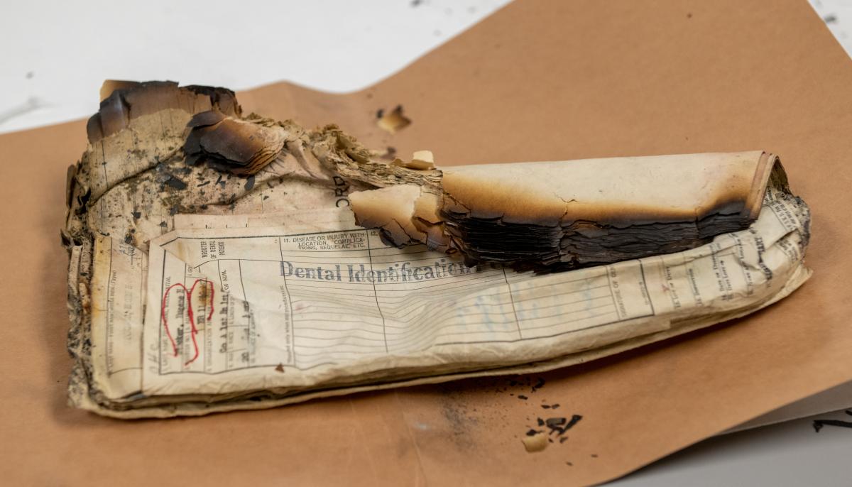 Color photo of burned records that read in part dental identification. Charred flakes of paper are crumbled at the edges. 
