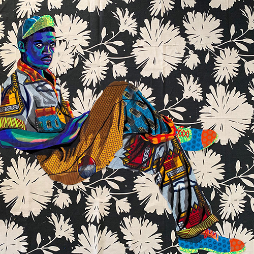 Quilted portrait dominated by golds and blues of a young black man sitting on a bench, staring at the camera, wearing work clothes. The background is black with white flowers.