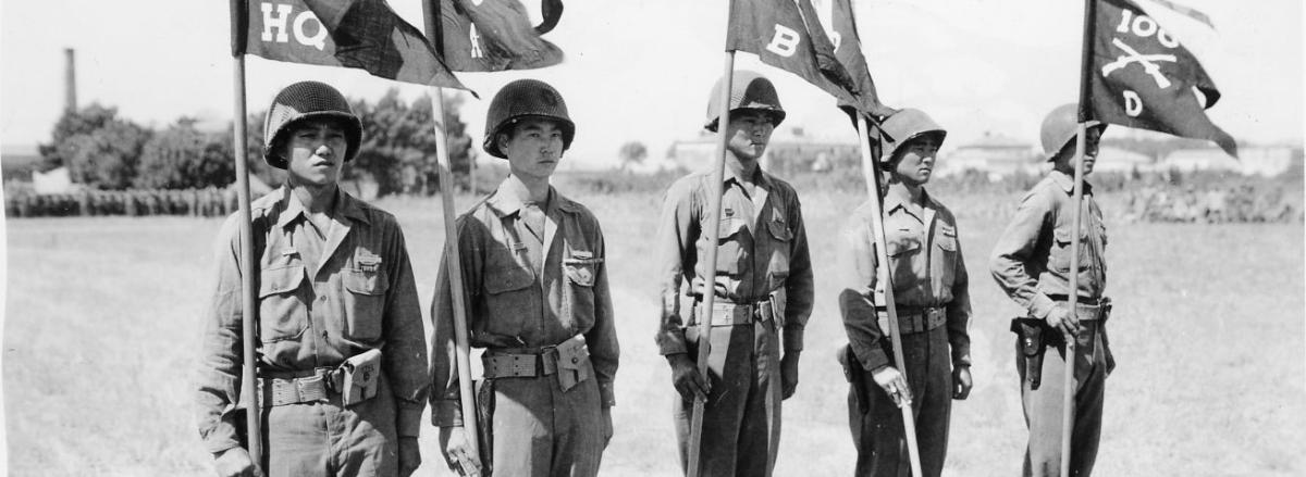 Japanese-American Soldiers Flying Battle Streamers of the 100th Battalion