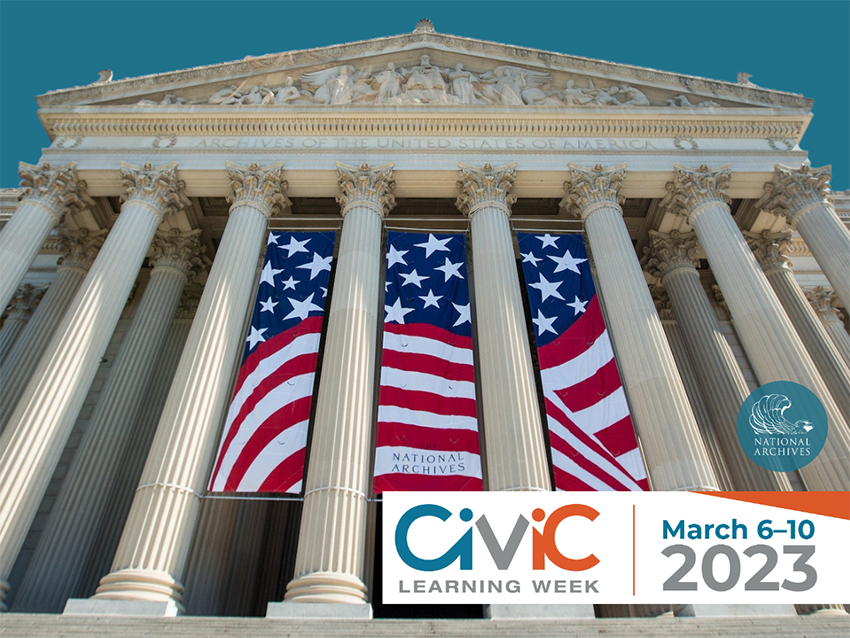 National Archives Building with Civic Learning Week 2023 logo