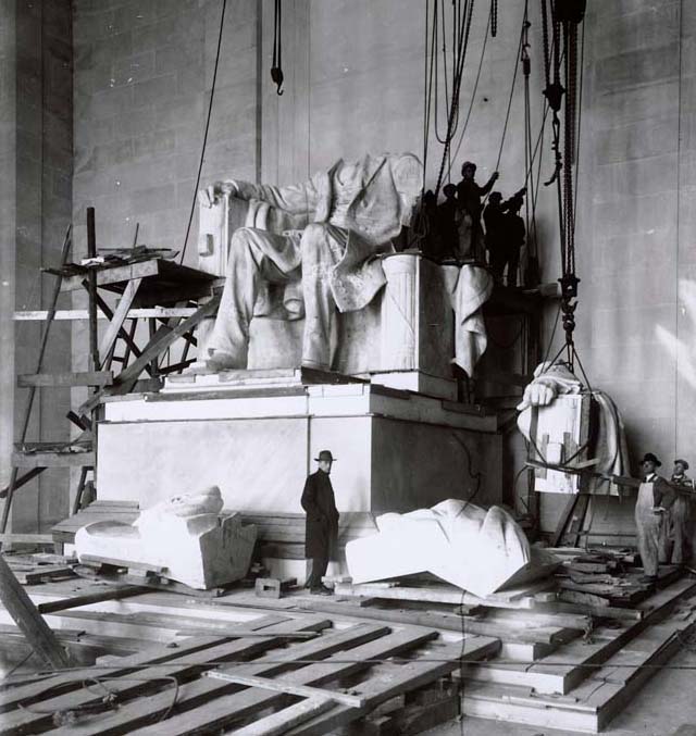 Photo of construction of Lincoln Memorial with unfinished statue of Abraham Lincoln
