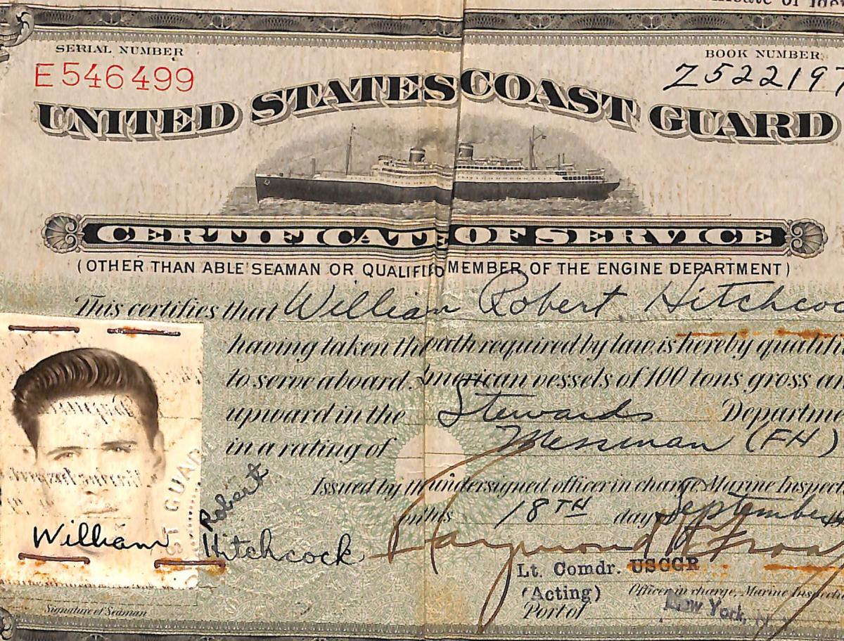 Merchant marine certificate for William Hitchcock