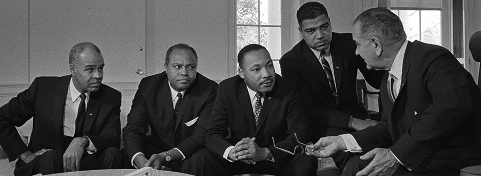 Roy Wilkins, James Farmer,  Martin Luther King, Jr., Whitney Young, Lyndon Johnson, January 1964 (LBJ Library)