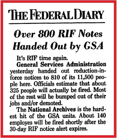 1982 Washington Post clipping with story about reduction in force at National Archives