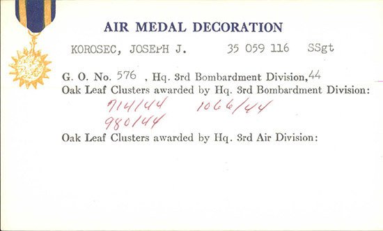 air medal decoration index card