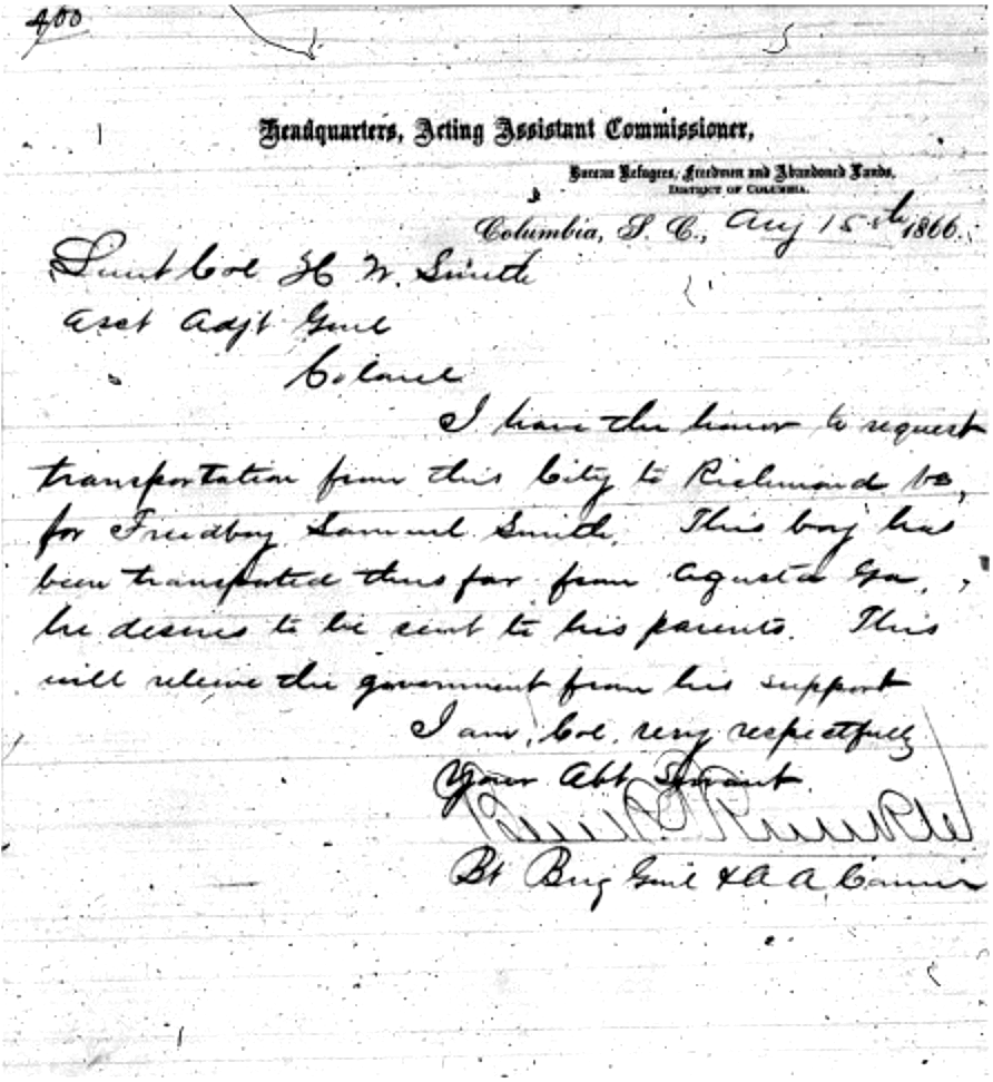 August 15, 1866, letter requesting transportation for “Freedboy” Samuel Smith from Augusta, GA to Richmond, VA