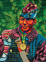 Detail of soldier's  head from Bisa Butler's quilt of the Harlem Hellfighters