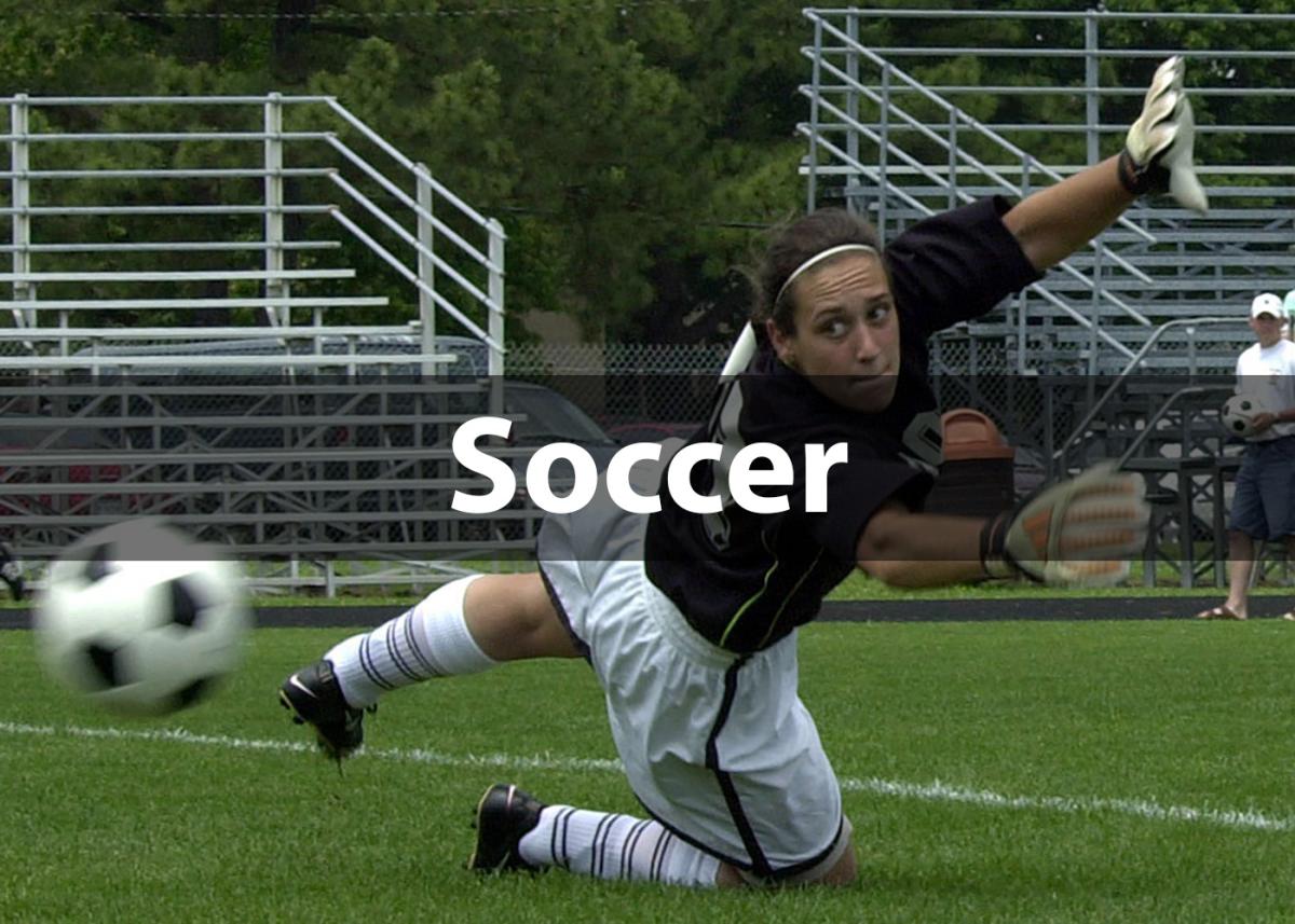 The word soccer over an image of a woman goalie diving for a soccer ball
