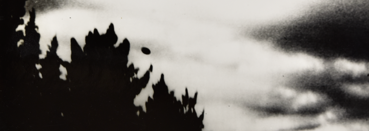 A horizontal cropped part of a black and white photo of a tree line in silhouette with a black, football-shaped black item floating in the distance above the trees.  