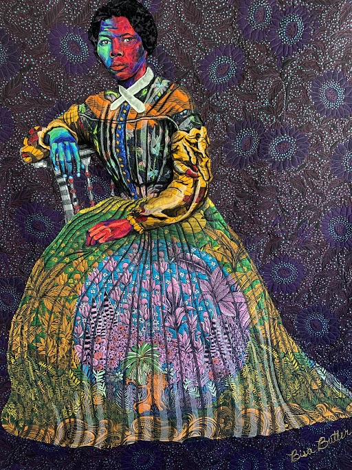 Harriet Tubman at midlife. She is rendered in golds, purples, greens and blues on a patterned background of dark blue vegetal lines and circles. 