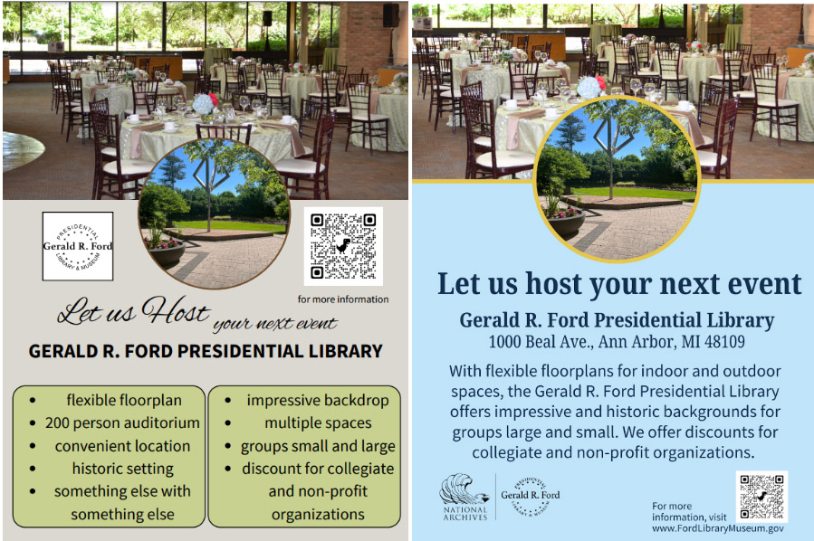 Before and after versions of the Ford Library's ad promoting facility rentals