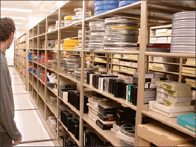 Shelves with mixed media formats in the Hampton Collection