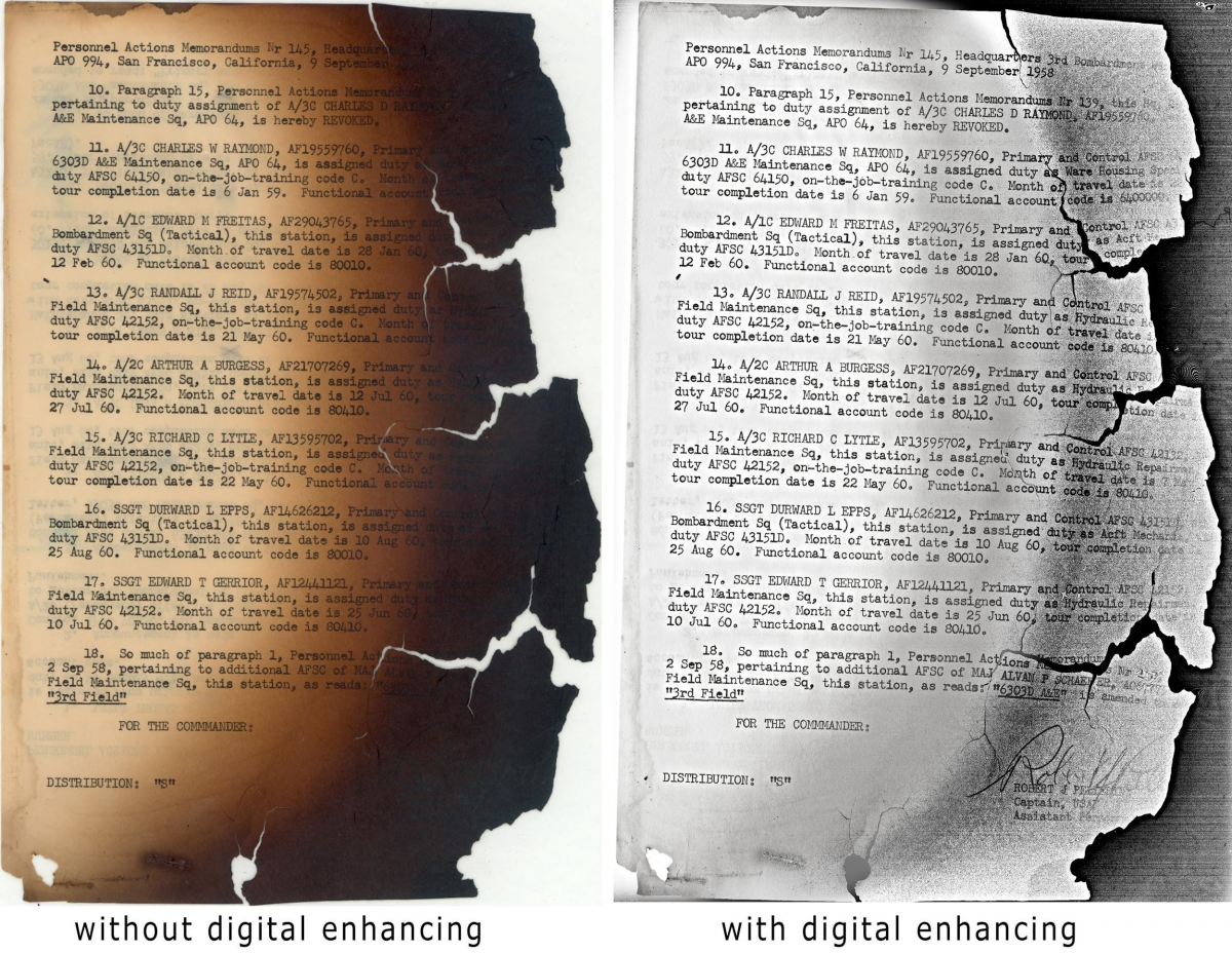 Two images of burned paper with one using enhanced digital imaging.