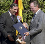 President Bush and German Ambassador Juergen Ruhfus at German Reunification ceremony at the White House.