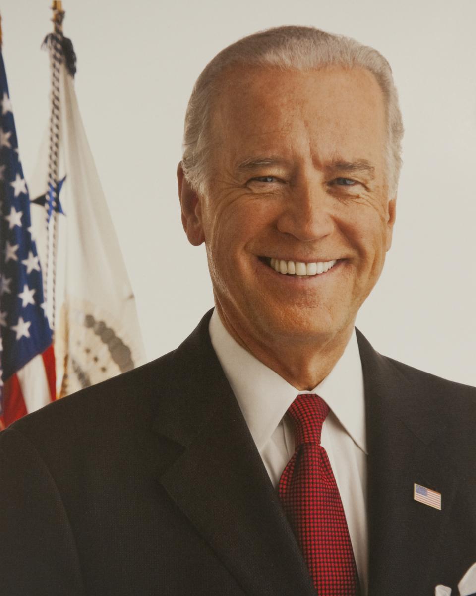 Vice President Joe Biden smiling in a dark suit, red tie, and American flag label pin, in front of an American flag and vice-presidential flag.