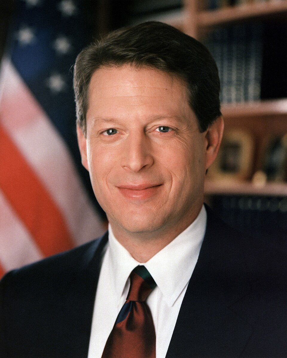 Vice President Al Gore smiling in a dark suit, white shirt, and solid dark tie, in front of an American flag and a bookcase.
