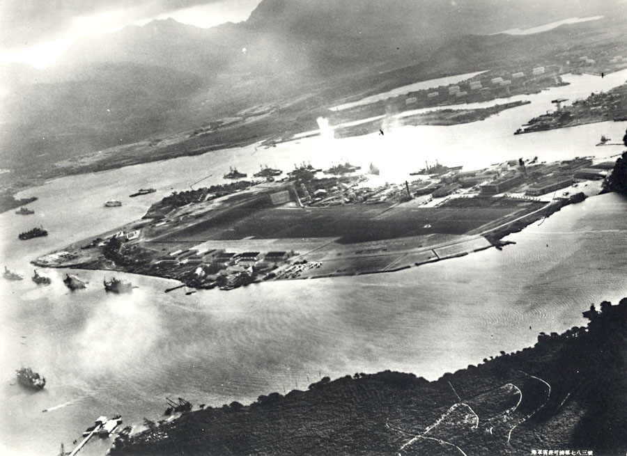 Ford Island at Pearl Harbor shown in a captured Japanese photograph