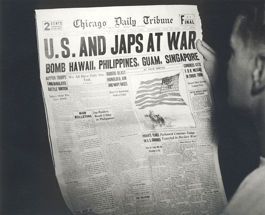 Newspaper headline announcing US at war with Japan