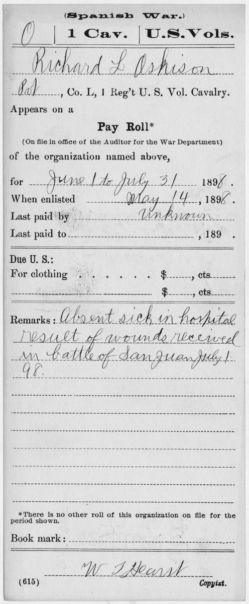 Richard L. Oskison's military service record (NARA Records of the Adjutant General's Office, 1780's-1917, RG 94)